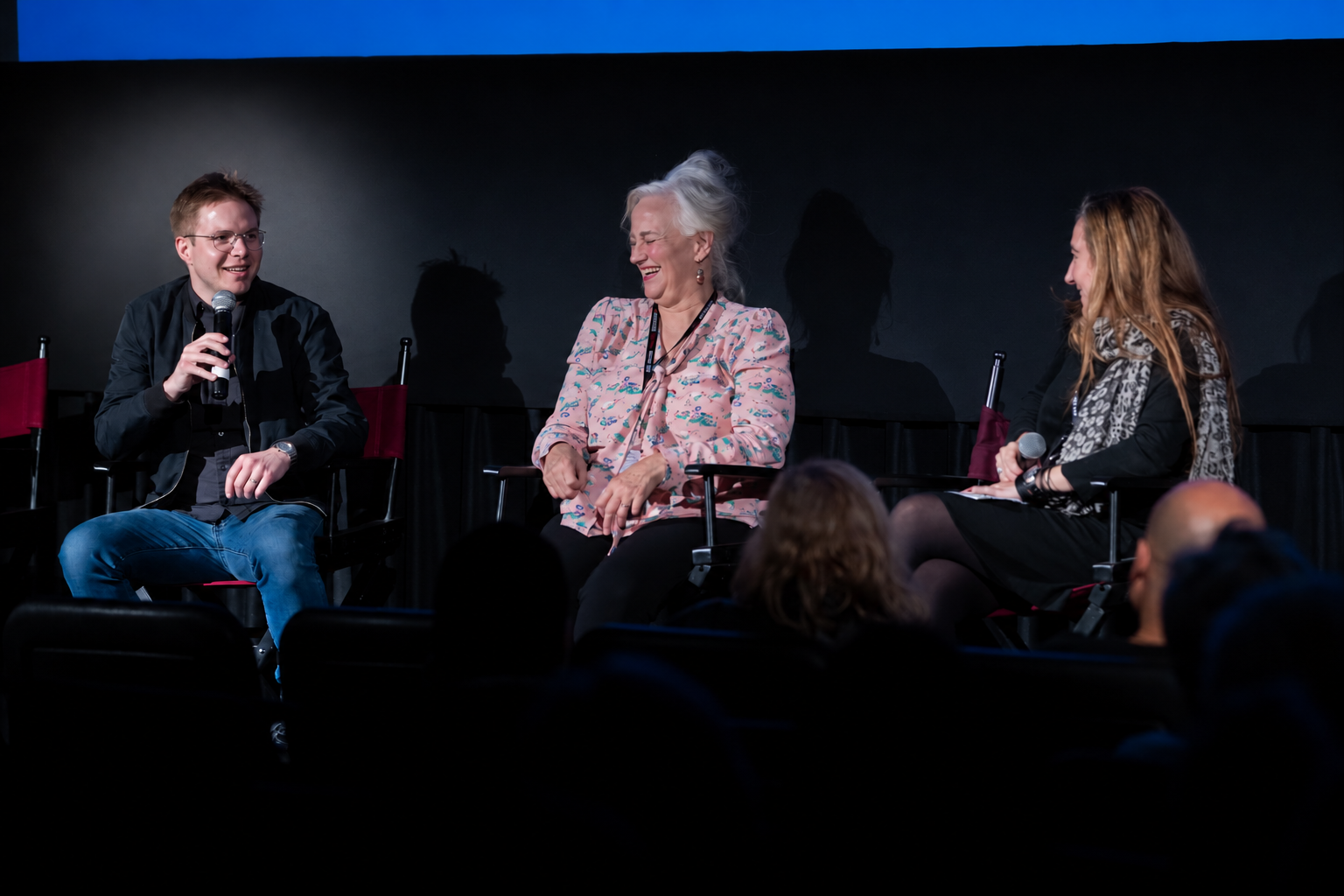Evan M Johnson, at right, speaking at a DOC NYC Q&A